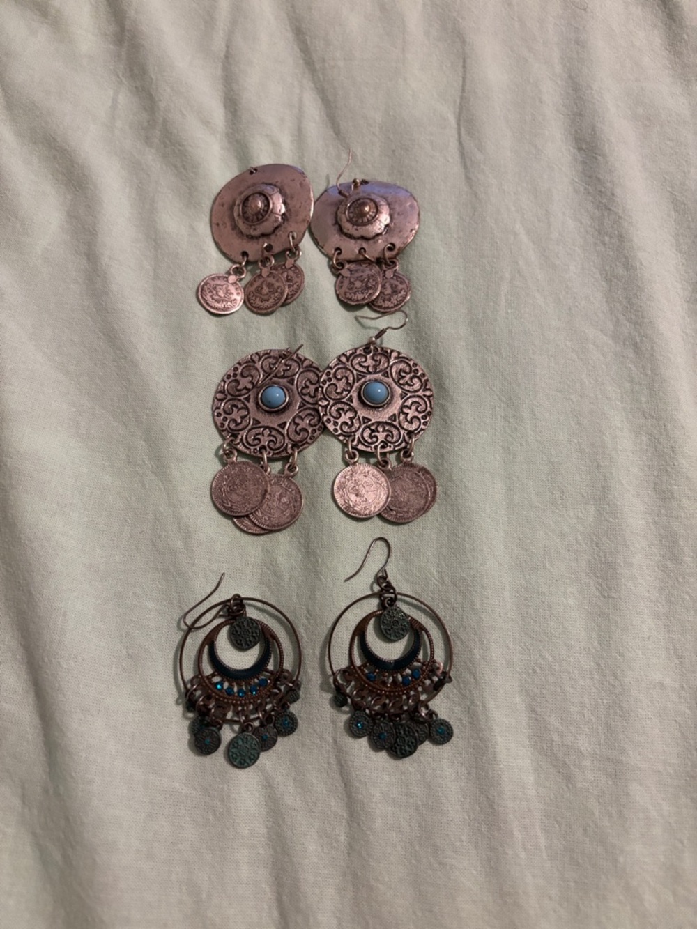 Handcrafted Boho Copper Dangle Earrings with Turquoise Accents - Set of 3
